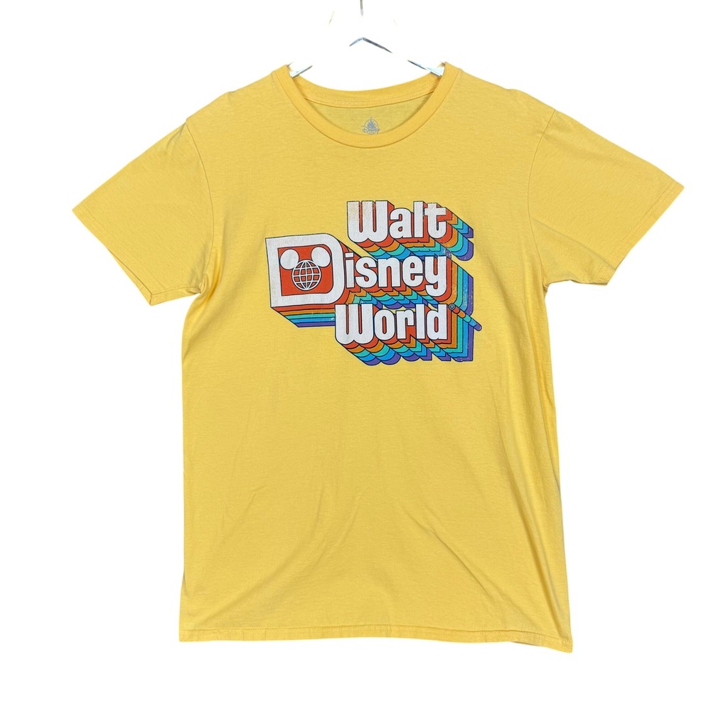Walt Disney World Yellow Graphic T Shirt Womens Size Medium Retro Rainbow Logo